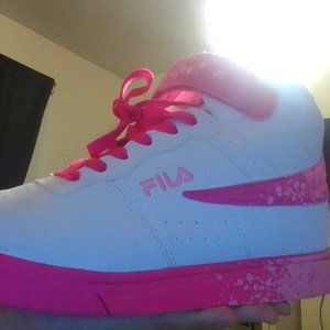 pink and white FILA  shoes